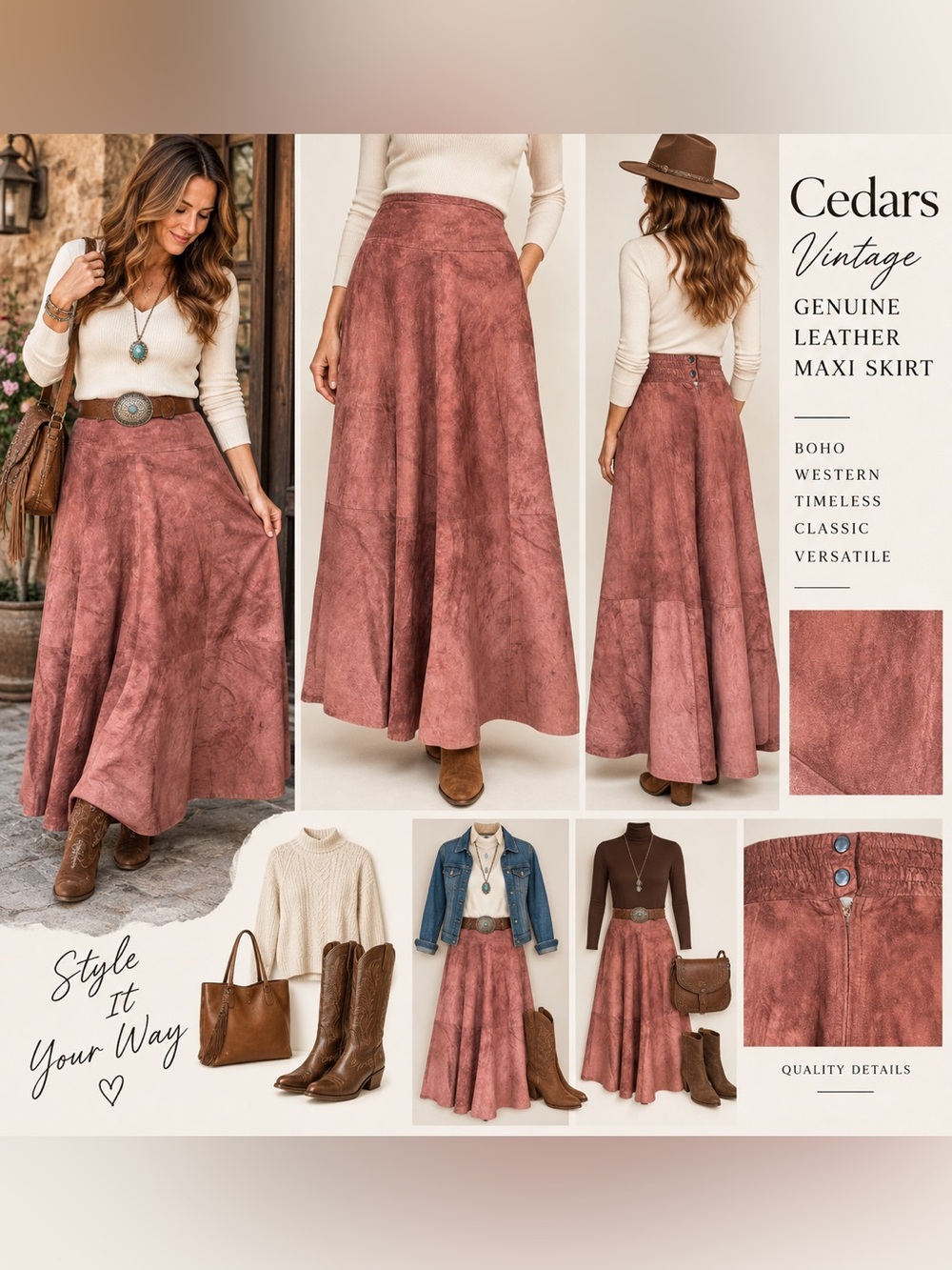 Vintage Cedars Genuine Leather Maxi Skirt M Rust Brown Boho Western A-Line